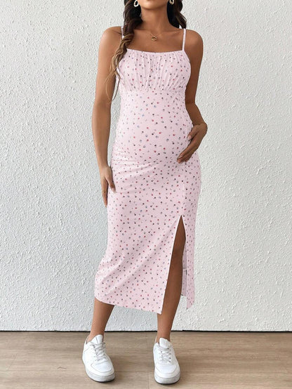 Maternity Floral Print Spaghetti Strap Side Slit Midi Dress Boho Slim Fit Geometric Cami Sun Dress for Home and Summer