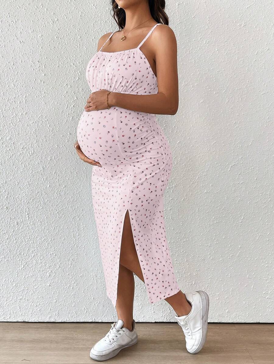 Maternity Floral Print Spaghetti Strap Side Slit Midi Dress Boho Slim Fit Geometric Cami Sun Dress for Home and Summer