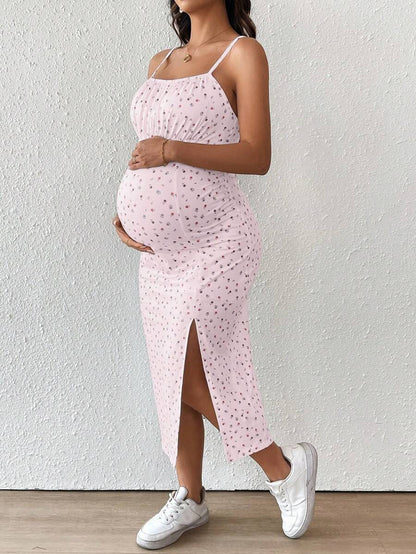 Maternity Floral Print Spaghetti Strap Side Slit Midi Dress Boho Slim Fit Geometric Cami Sun Dress for Home and Summer