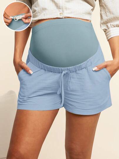 Maternity Casual Shorts - Colorblock, Adjustable Waist, Pocket, Baby Blue