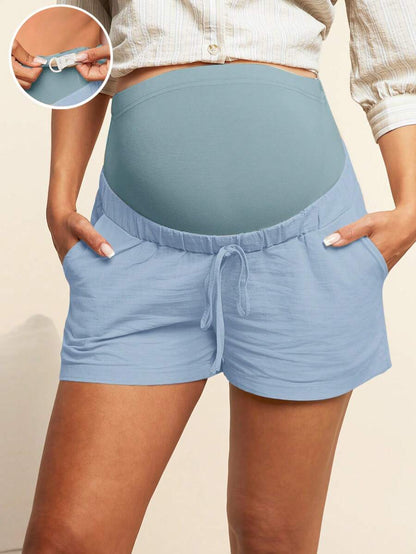 Maternity Shorts - Drawstring Waist, High Waist, Straight Leg, Cotton Knit, Black