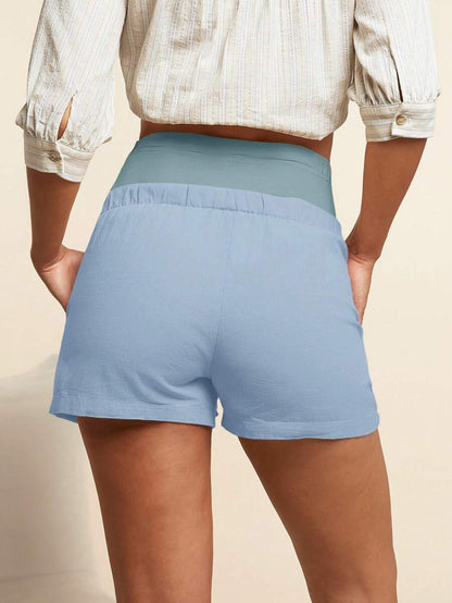 Maternity Casual Shorts - Colorblock, Adjustable Waist, Pocket, Baby Blue
