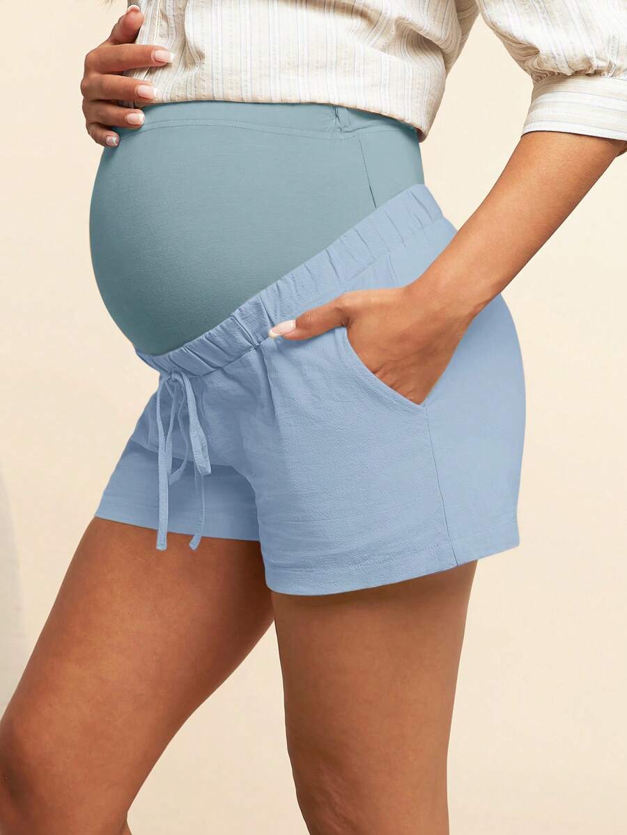 Maternity Shorts - Drawstring Waist, High Waist, Straight Leg, Cotton Knit, Black