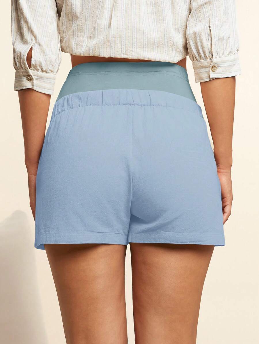 Maternity Casual Shorts - Colorblock, Adjustable Waist, Pocket, Baby Blue