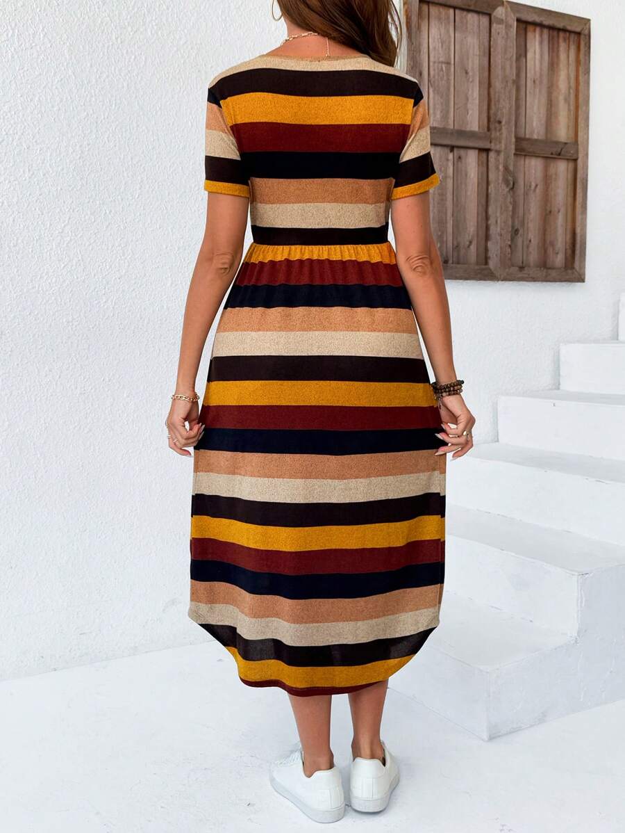 Maternity Striped V-Neck Midi Dress - Casual Short Sleeve High Waist Flared Garden Party Tee Dress in Multicolor