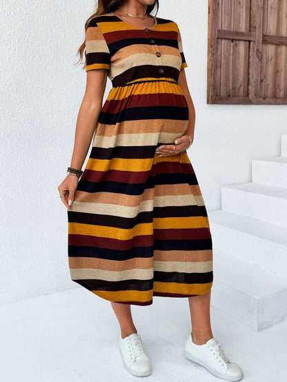 Maternity Striped V-Neck Midi Dress - Casual Short Sleeve High Waist Flared Garden Party Tee Dress in Multicolor