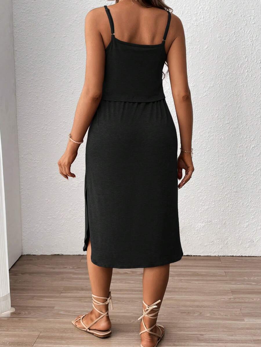 Women's Red Square Neck Nursing Dress - Sleeveless Midi Maternity Sundress with Drawstring and Side Slit - Casual Knit Beach Maternity Dress