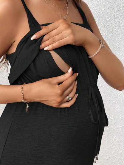 Women's Red Square Neck Nursing Dress - Sleeveless Midi Maternity Sundress with Drawstring and Side Slit - Casual Knit Beach Maternity Dress