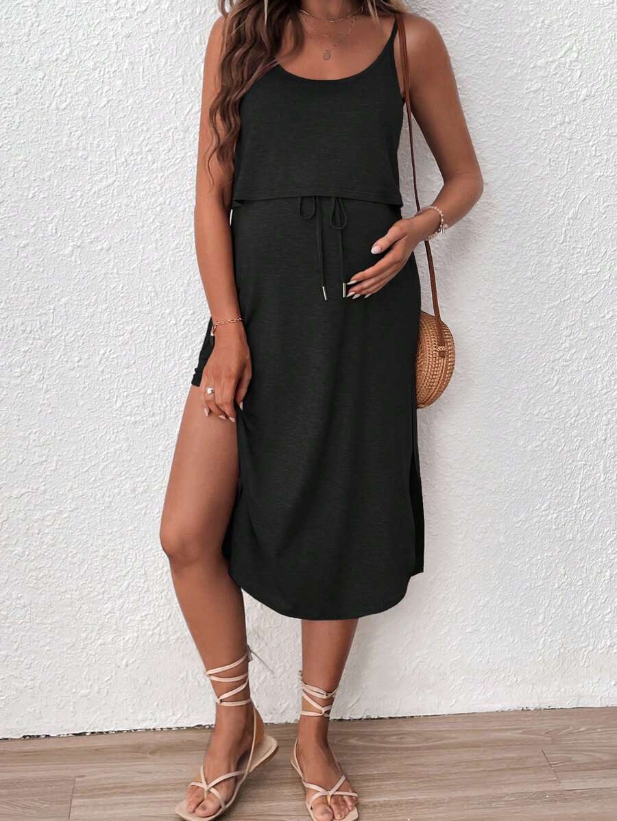 Women's Red Square Neck Nursing Dress - Sleeveless Midi Maternity Sundress with Drawstring and Side Slit - Casual Knit Beach Maternity Dress