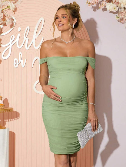 Maternity Off Shoulder Short Sleeve Midi Bodycon Dress for Gender Reveal and Baby Shower Green