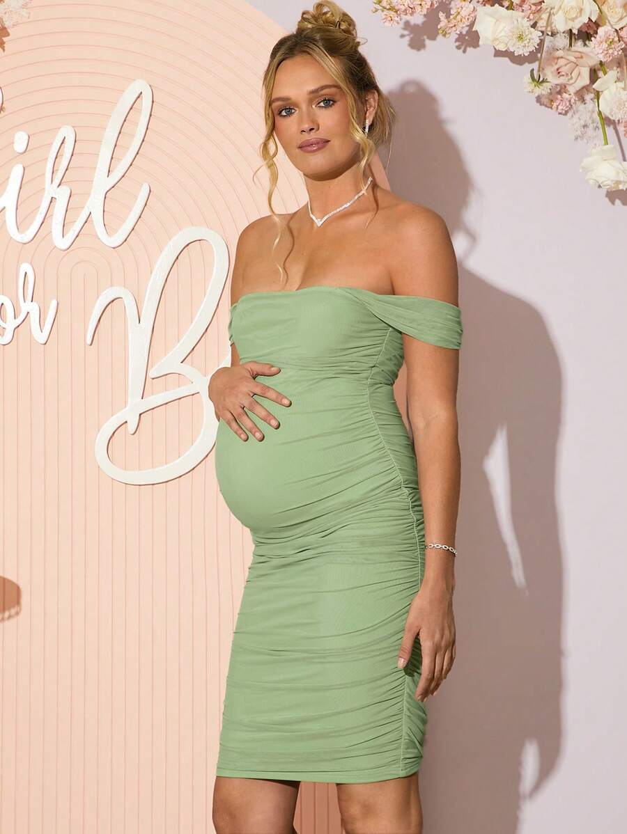 Maternity Off Shoulder Short Sleeve Midi Bodycon Dress for Gender Reveal and Baby Shower Green