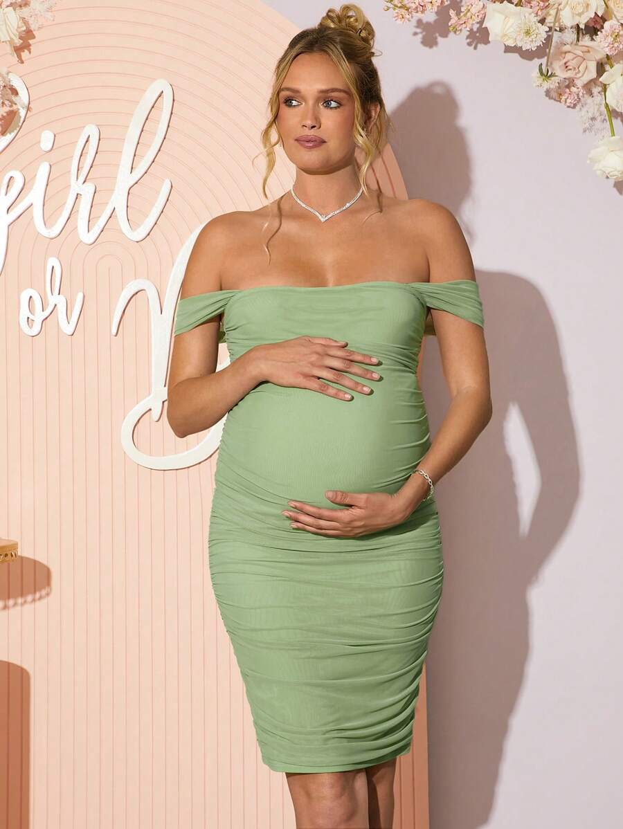Maternity Off Shoulder Short Sleeve Midi Bodycon Dress for Gender Reveal and Baby Shower Green