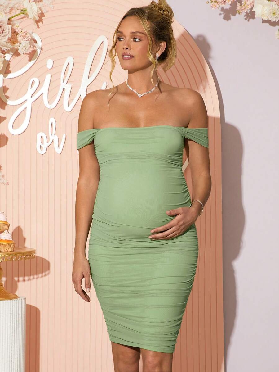 Maternity Off Shoulder Short Sleeve Midi Bodycon Dress for Gender Reveal and Baby Shower Green