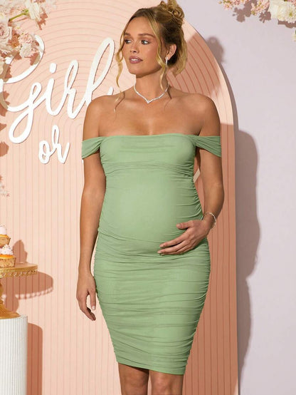 Maternity Off Shoulder Short Sleeve Midi Bodycon Dress for Gender Reveal and Baby Shower Green
