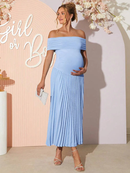 Maternity Off Shoulder Ruched Hem Dress - Elegant Solid Color Slim Fit Bodycon Gown for Baby Shower, Gender Reveal & Photoshoot