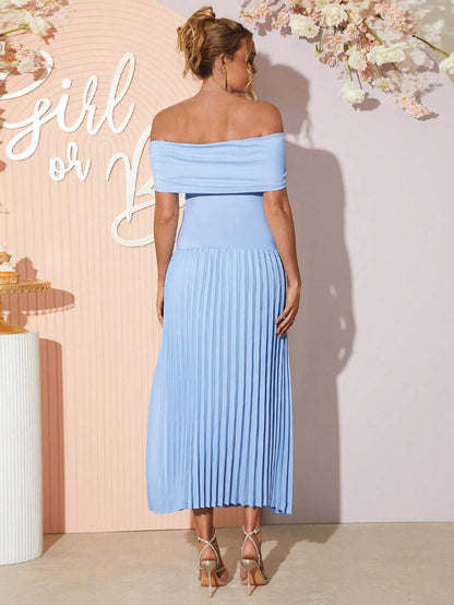 Maternity Off Shoulder Ruched Hem Dress - Elegant Solid Color Slim Fit Bodycon Gown for Baby Shower, Gender Reveal & Photoshoot