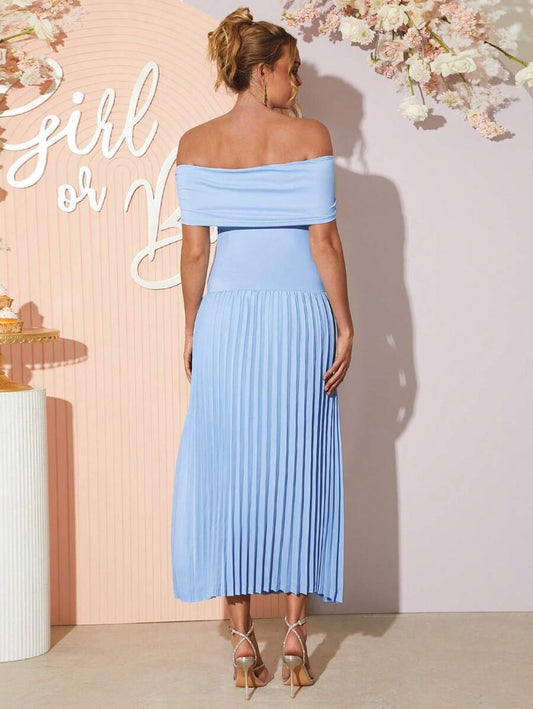 Maternity Off Shoulder Ruched Hem Dress - Elegant Solid Color Slim Fit Bodycon Gown for Baby Shower, Gender Reveal & Photoshoot