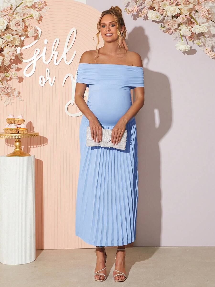Maternity Off Shoulder Ruched Hem Dress - Elegant Solid Color Slim Fit Bodycon Gown for Baby Shower, Gender Reveal & Photoshoot
