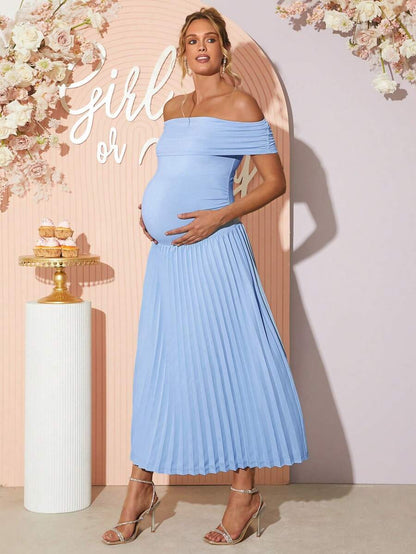 Maternity Off Shoulder Ruched Hem Dress - Elegant Solid Color Slim Fit Bodycon Gown for Baby Shower, Gender Reveal & Photoshoot