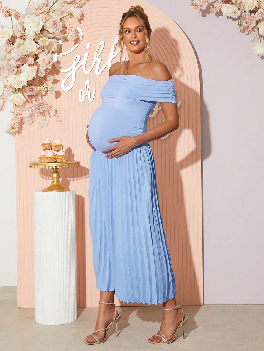 Maternity Off Shoulder Ruched Hem Dress - Elegant Solid Color Slim Fit Bodycon Gown for Baby Shower, Gender Reveal & Photoshoot