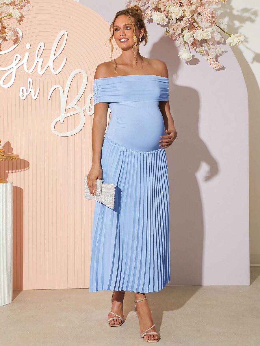 Maternity Off Shoulder Ruched Hem Dress - Elegant Solid Color Slim Fit Bodycon Gown for Baby Shower, Gender Reveal & Photoshoot