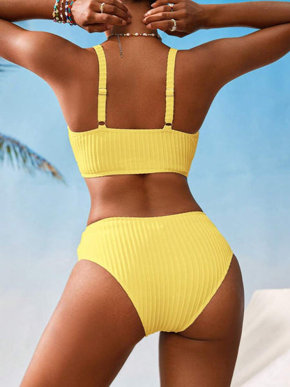 Swim Vcay Women V-Neck Textured Striped Bikini Set For Summer Beach Vacation