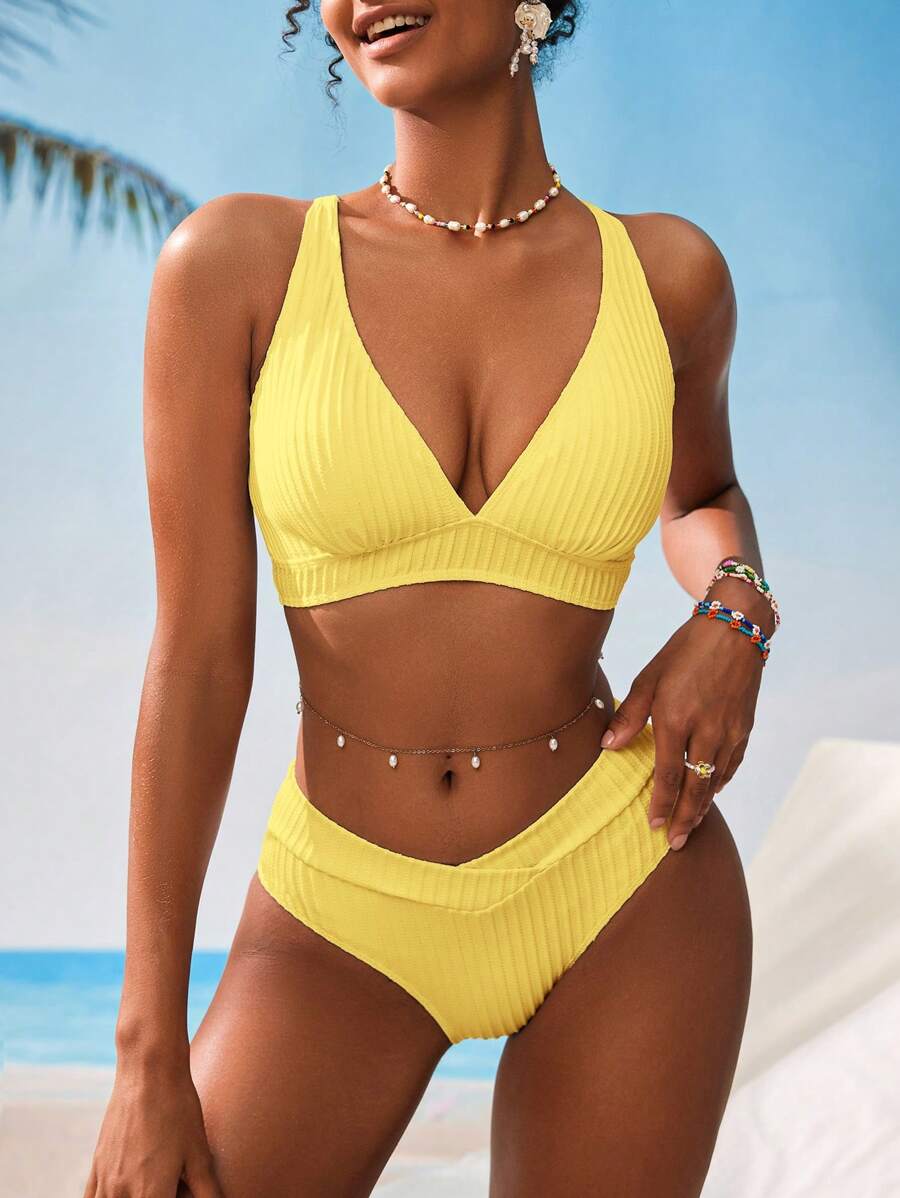 Swim Vcay Women V-Neck Textured Striped Bikini Set For Summer Beach Vacation