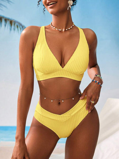 Women's V-Neck Textured Tankini Set - Ruched, Spaghetti Strap, High Waist, Multicolor