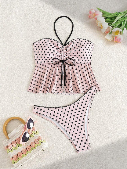 Women's Polka Dot 2-Piece Bikini Set - Lace-Up, Spaghetti Strap, Hipsters, Pink