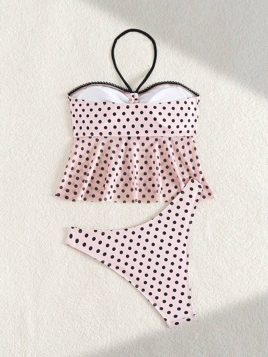 Women's Polka Dot 2-Piece Bikini Set - Lace-Up, Spaghetti Strap, Hipsters, Pink
