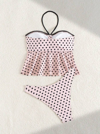 Women's Polka Dot 2-Piece Bikini Set - Lace-Up, Spaghetti Strap, Hipsters, Pink