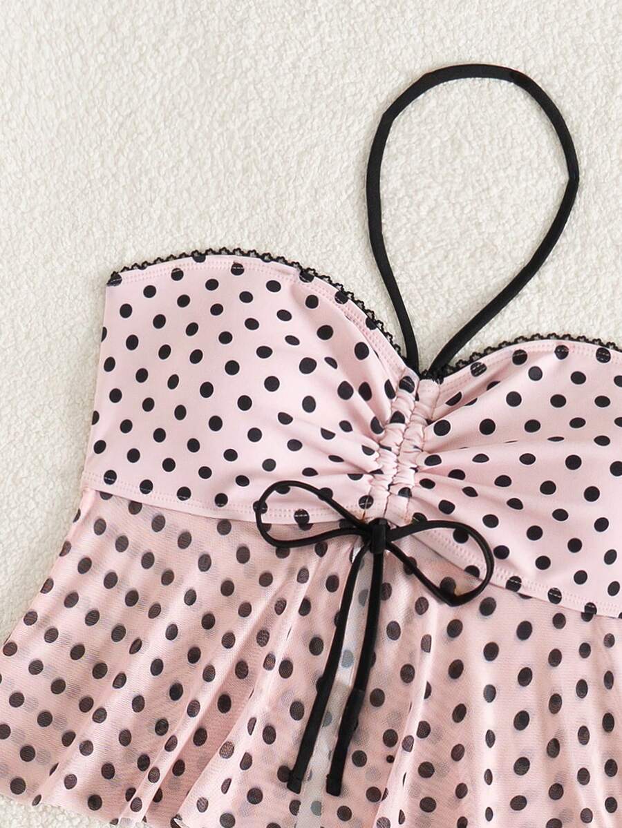 Women's Polka Dot 2-Piece Bikini Set - Lace-Up, Spaghetti Strap, Hipsters, Pink