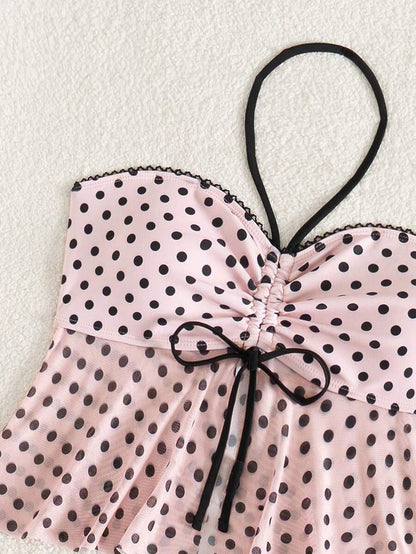 Women's Polka Dot 2-Piece Bikini Set - Lace-Up, Spaghetti Strap, Hipsters, Pink