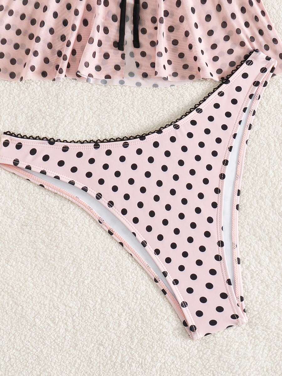 Women's Polka Dot 2-Piece Bikini Set - Lace-Up, Spaghetti Strap, Hipsters, Pink