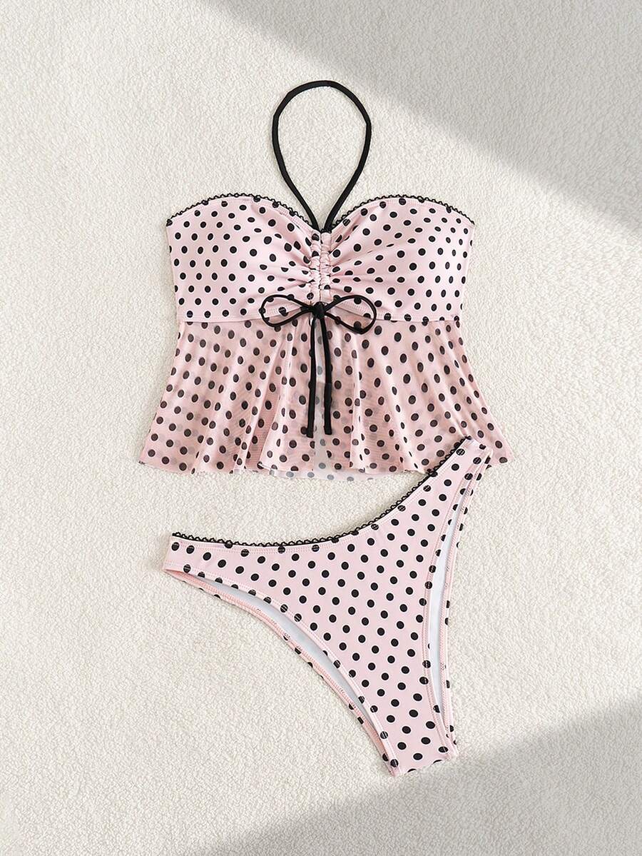 Women's Polka Dot 2-Piece Bikini Set - Lace-Up, Spaghetti Strap, Hipsters, Pink