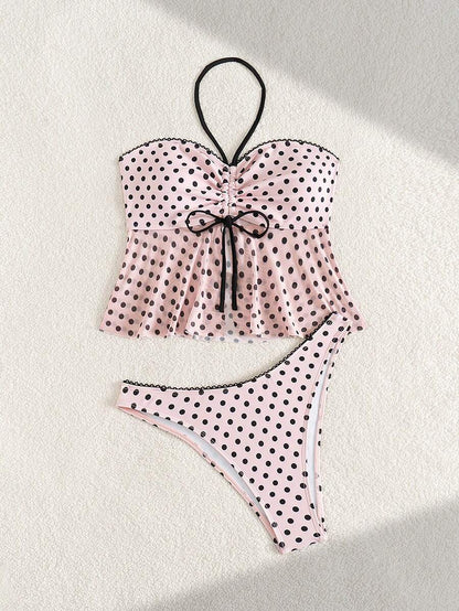 Women's Polka Dot 2-Piece Bikini Set - Lace-Up, Spaghetti Strap, Hipsters, Pink