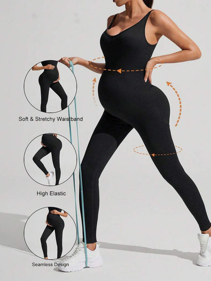 Yellow Rib-Knit Asymmetrical Neck Maternity Jumpsuit - High Stretch Sleeveless Skinny Fit Capri One Piece - Casual Sporty Maternity Wear