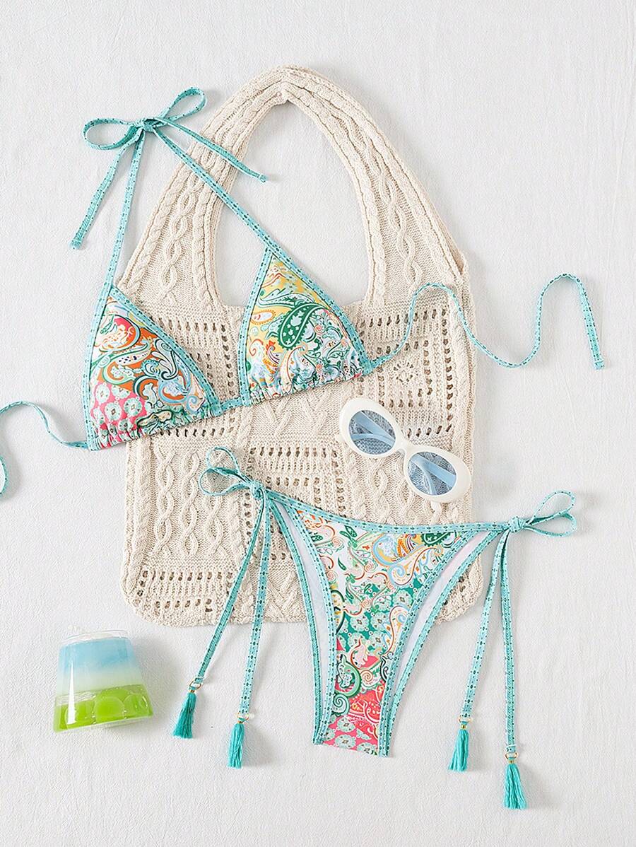 Swim Vcay Women's Summer Vacation Beach Paisley Print Halter Neck Bikini Set