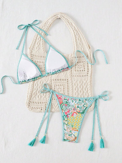 Swim Vcay Women's Summer Vacation Beach Paisley Print Halter Neck Bikini Set