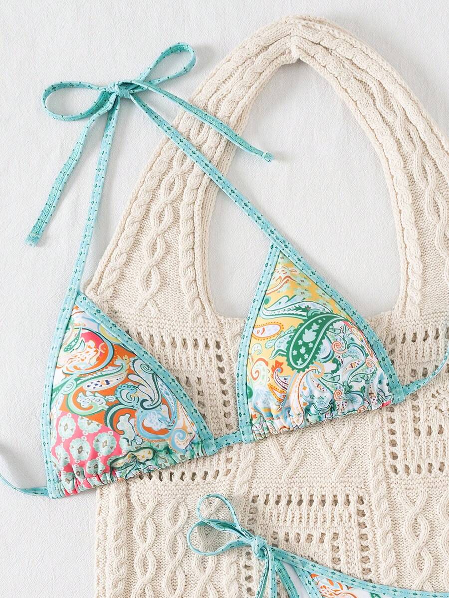 Swim Vcay Women's Summer Vacation Beach Paisley Print Halter Neck Bikini Set