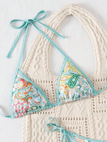 Swim Vcay Women's Summer Vacation Beach Paisley Print Halter Neck Bikini Set