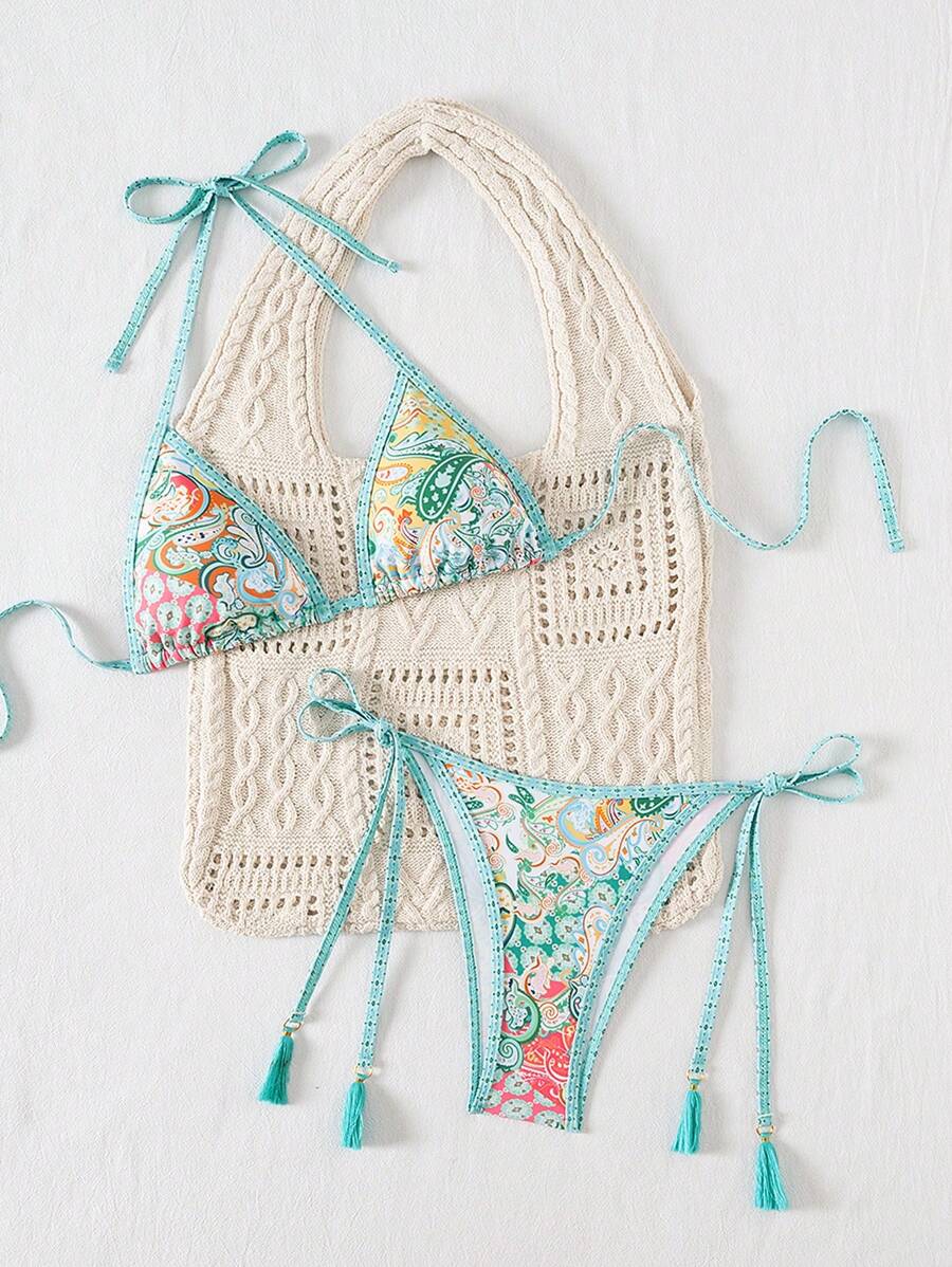Swim Vcay Women's Summer Vacation Beach Paisley Print Halter Neck Bikini Set
