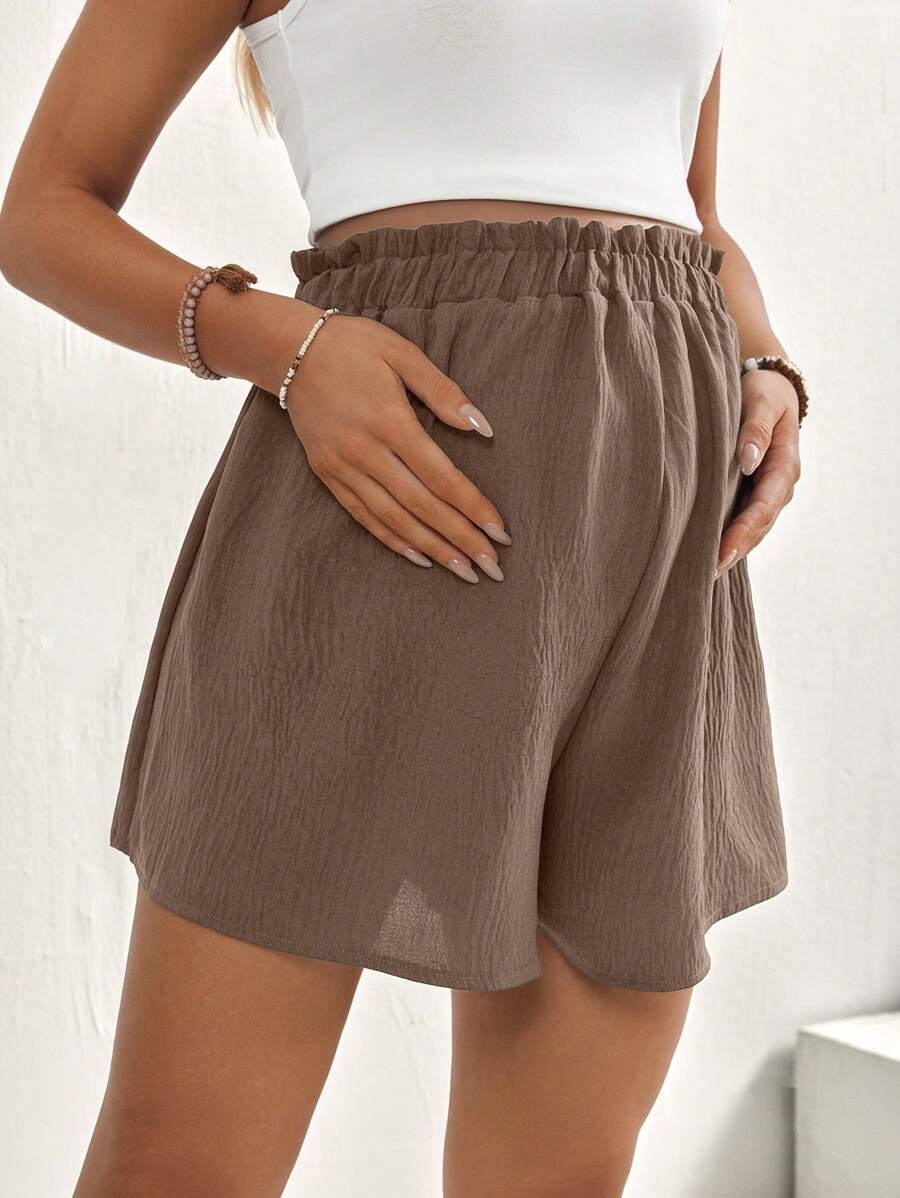 Maternity Mini Shorts - Adjustable Waist, Lettuce Trim, Loose Fit, Mocha Brown