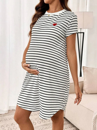 Maternity Heart Embroidery Striped Round Neck Short Sleeve Casual T-Shirt Dress