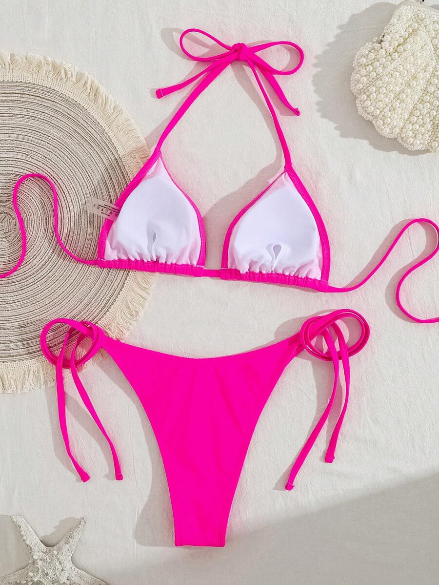 Swim Mod Women's Solid Color Halter Neck Bikini Set, Summer Vacation Beach
