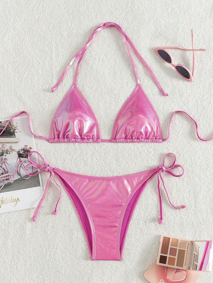 Swim Vcay Summer Beach Metallic Halter Triangle Tie Side Bikini Set