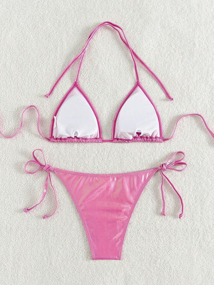 Swim Vcay Solid Color Halter Twist Split Bikini Set For Summer Beach Vacation