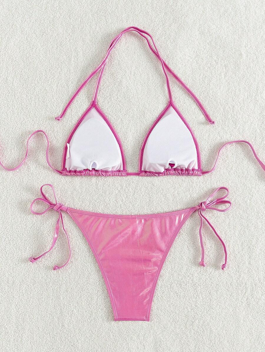 Swim Vcay Summer Beach Metallic Halter Triangle Tie Side Bikini Set