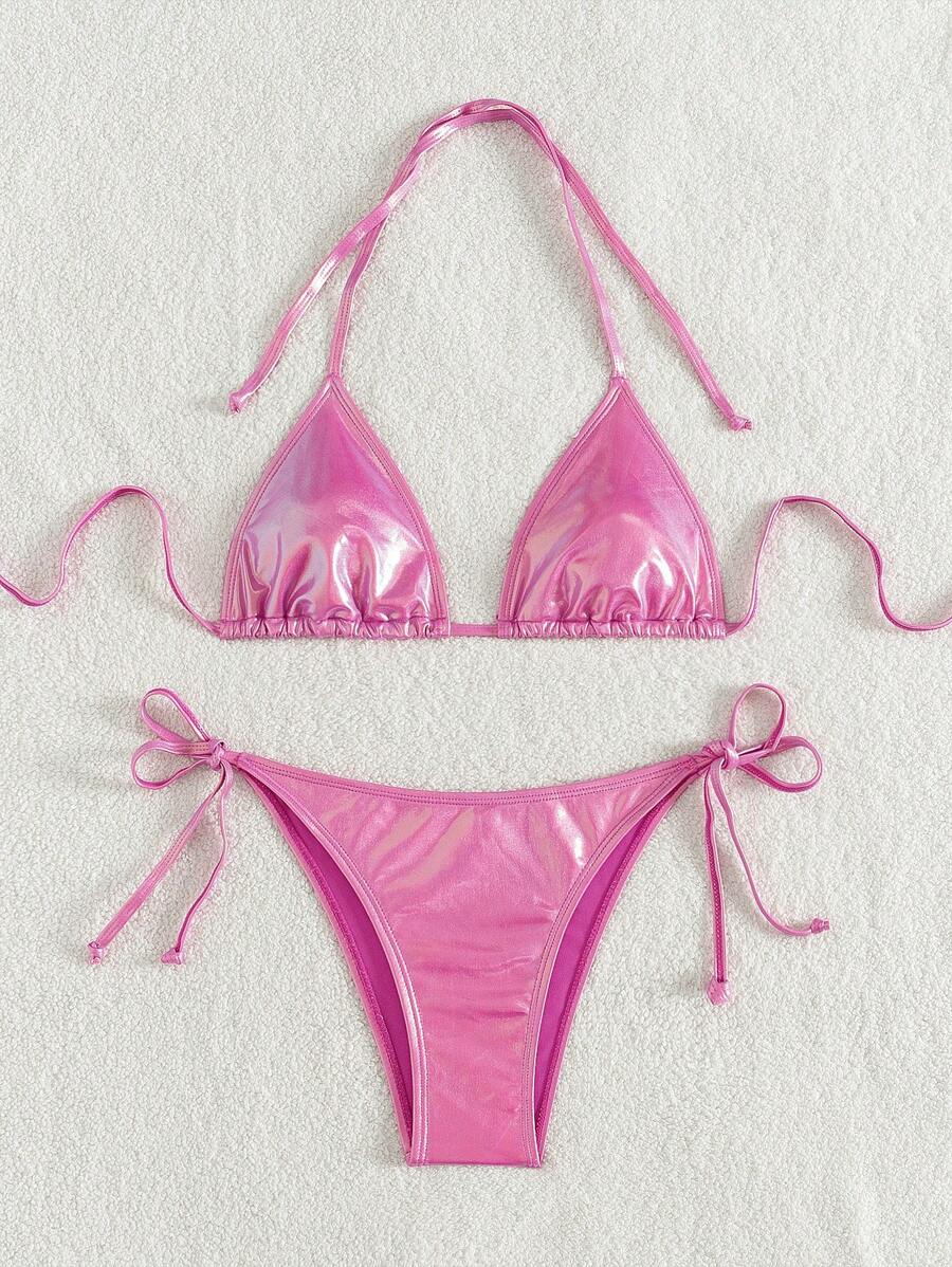 Swim Vcay Summer Beach Metallic Halter Triangle Tie Side Bikini Set