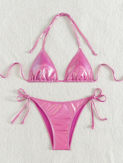 Swim Vcay Solid Color Halter Twist Split Bikini Set For Summer Beach Vacation